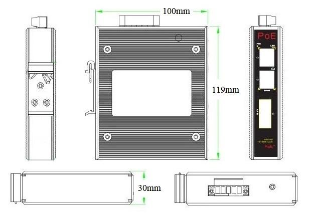 3-port 10/100M Industrial PoE Switch Dimension Diagram