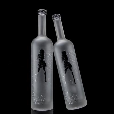 China Glass 750ml 500ml Decal Printing Vodka Bottle With Frosted Design And Base Material for sale