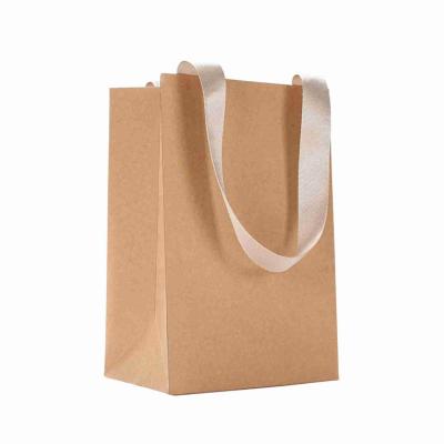China OEM Small Brown Khaki Kraft Paper Gift Bags Bulk With Ribbon Handle for sale
