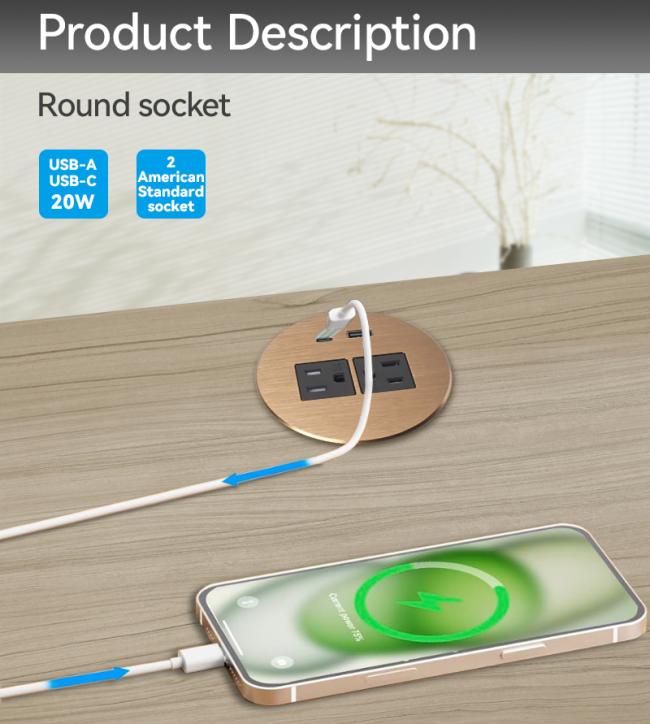 Hotel room round desktop socket with power outlets and PD charger installed in modern workspace