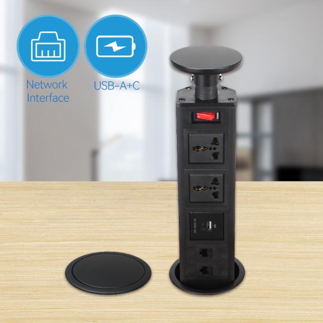Close-up view of pop-up power socket tower interface and construction