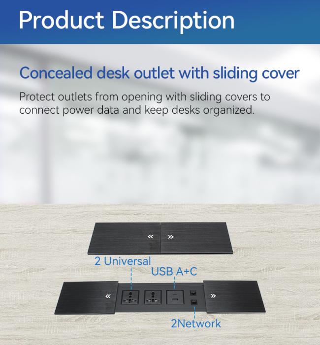 Embedded conference table power outlet showing sliding cover design and interface layout