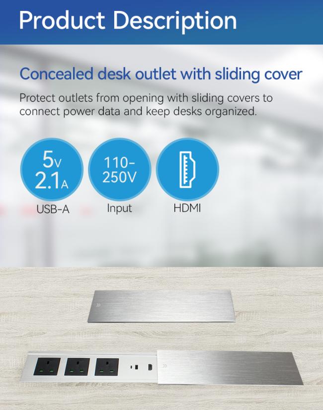 Embedded conference table power outlet showing sliding cover design and interface layout