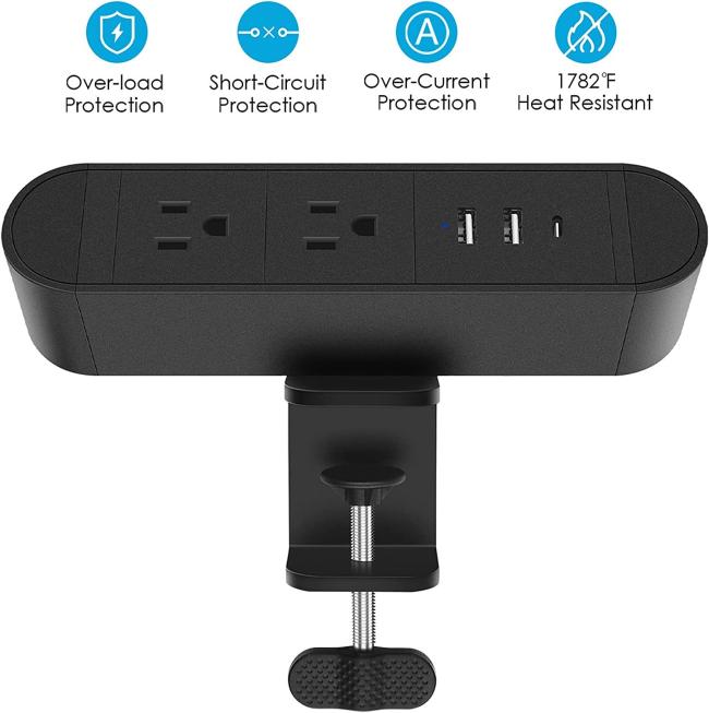 GAOST Desktop Clamp Power Strip front view showing three AC outlets and multiple USB charging ports