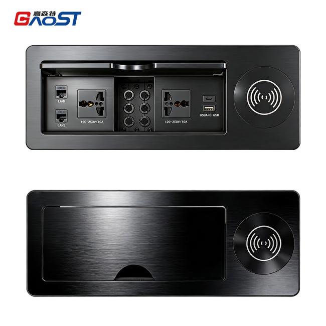 Embedded Desktop Power Socket Box front view showing outlets and ports