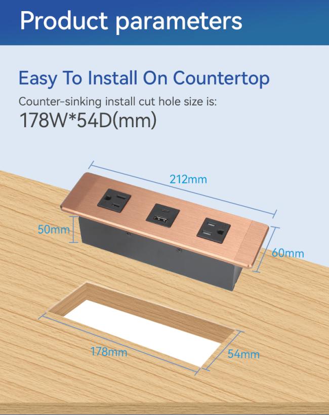 Recessed power strip installation example in modern office furniture