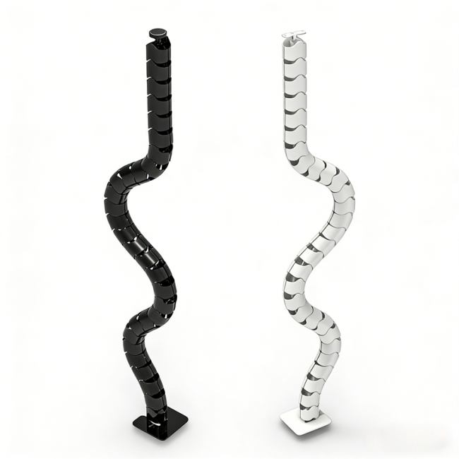 Modular cable organizer showing vertebrae design and installation on standing desk