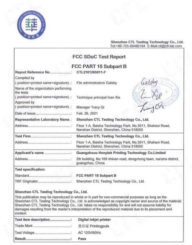 FCC - Guangzhou Honytek Printing Technology Co. Limited