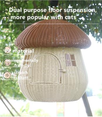 China Dual Purpose Home Swinging Dog Bed Rattan Woven Nest Cute Cat Dog Nest Rattan Proof Mushroom House for sale