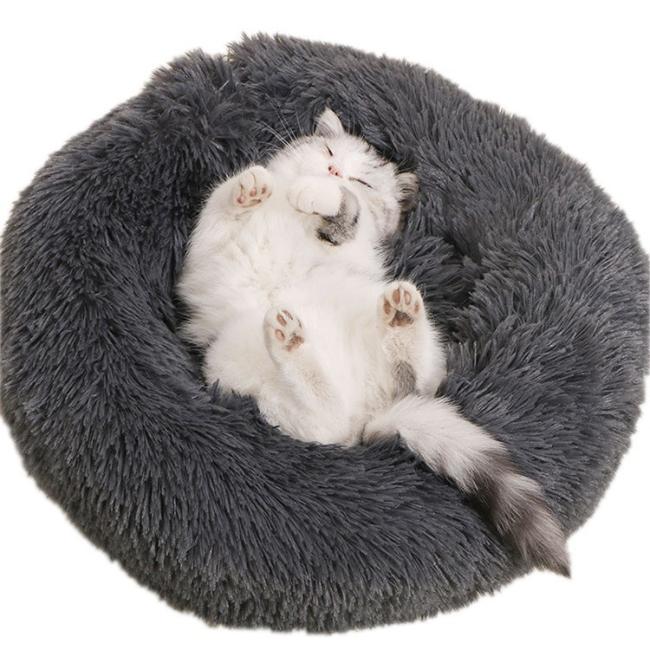 grey fluffy dog bed