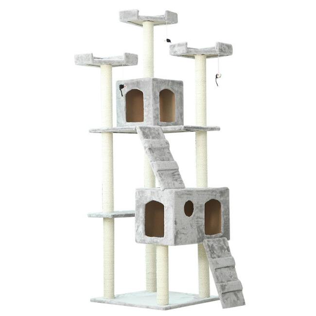 at scratching post with bed on top