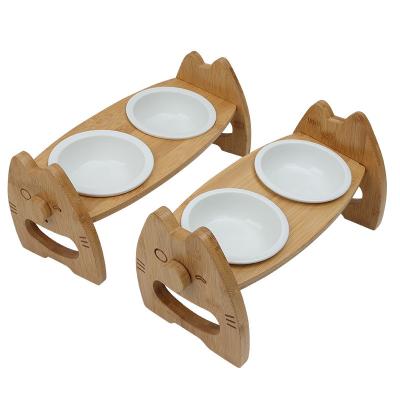 China Bamboo Ceramic Bowl Cat Food Rack With Adjustable Height Double Pet Bowl Pet Supplies for sale