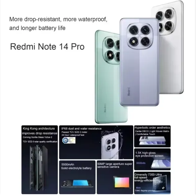 Original Brand New Note 14 PRO 12GB+256GB 6.67 Inch Hyperos Mediatek Dimensity 7300-Ultra Octa Core NFC 5g Smartphone