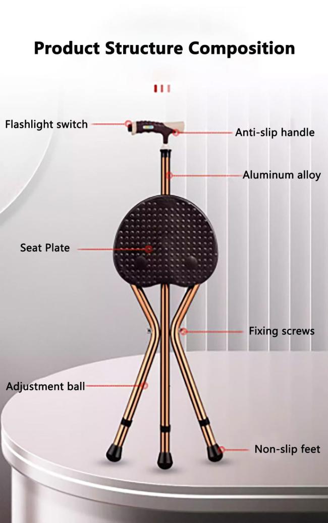 Wholesale Medical Handicapped Home Nursing Folding Shower Crutch Chair 3 Legs Walking Stick Chair with Seat