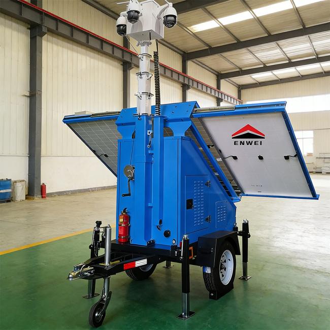 Large Solar Camera Trailer 3 Solar Panels Security Trailer With Built-in Cable Mast For Industrial Park Monitoring