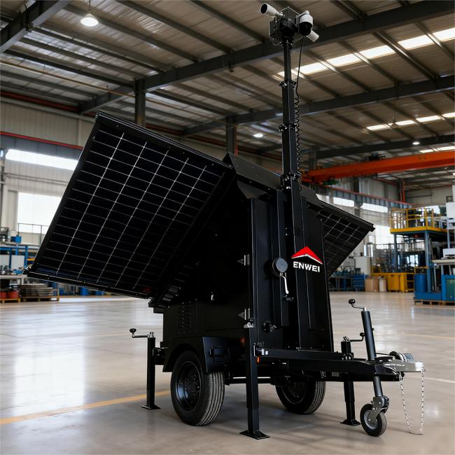 Large Solar Camera Trailer 3 Solar Panels Security Trailer With Built-in Cable Mast For Industrial Park Monitoring