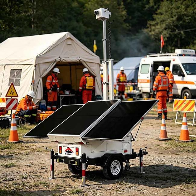 Large Solar Camera Trailer 3 Solar Panels Security Trailer With Built-in Cable Mast For Industrial Park Monitoring