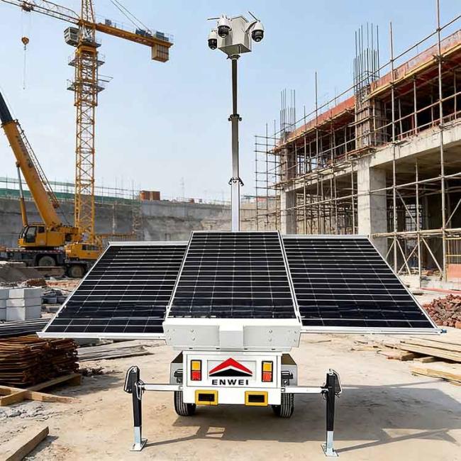 Large Solar Camera Trailer 3 Solar Panels Security Trailer With Built-in Cable Mast For Industrial Park Monitoring