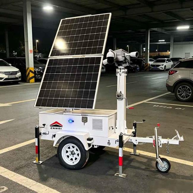 Large Solar Camera Trailer 3 Solar Panels Security Trailer With Built-in Cable Mast For Industrial Park Monitoring