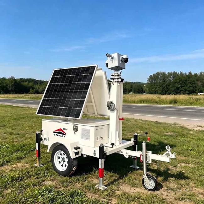 Large Solar Camera Trailer 3 Solar Panels Security Trailer With Built-in Cable Mast For Industrial Park Monitoring