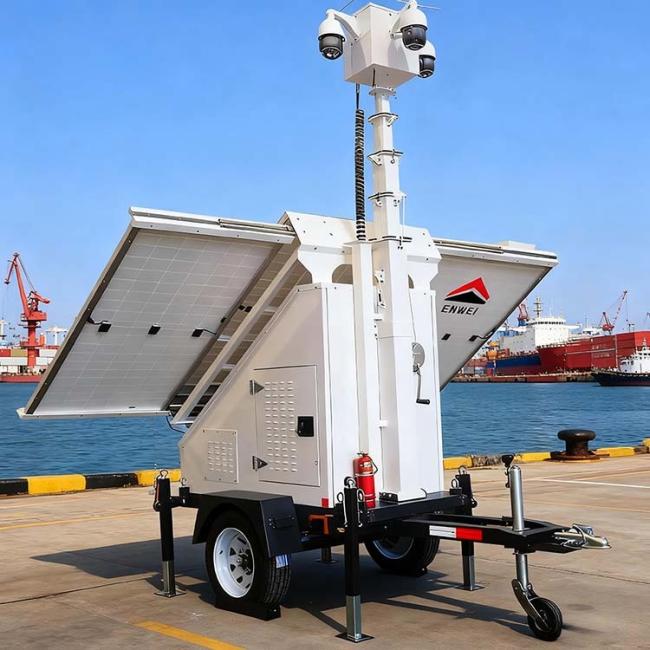 Large Solar Camera Trailer 3 Solar Panels Security Trailer With Built-in Cable Mast For Industrial Park Monitoring