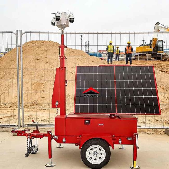 Large Solar Camera Trailer 3 Solar Panels Security Trailer With Built-in Cable Mast For Industrial Park Monitoring