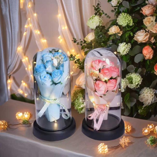 Wholesale Factory Ins Artificial LED Decorative Flowers Birthday Glass Dome Rose Bouquet Valentine's Day Quality Soap Roses