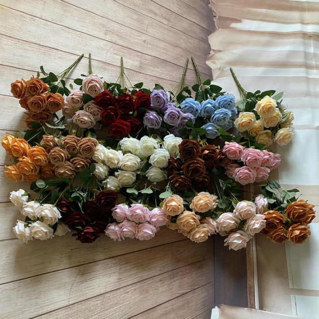 Single 9-flower Simulated Rose Bouquet with Artificial Rose Branches for Wedding Decoration and Photography Props