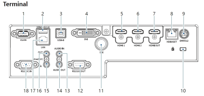 Projector connectivity ports and interface diagram