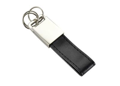 China Debossed Logo Metal Black PU Leather Keychain 3 Small Rings Keyring for sale