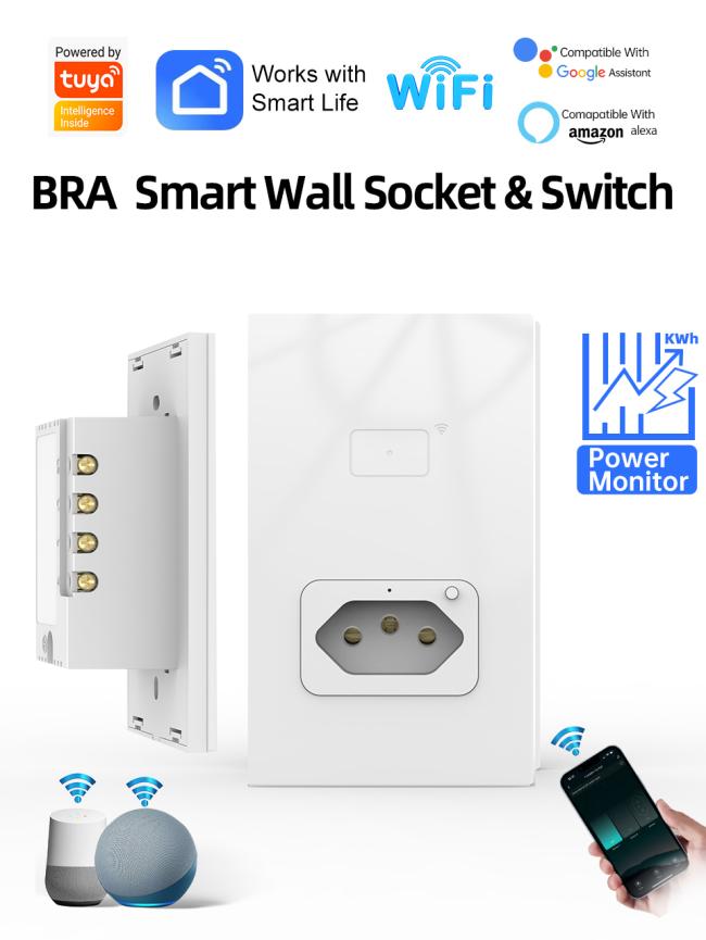Brazil WiFi Smart Touch Switch Socket Combo front view showing glass panel design