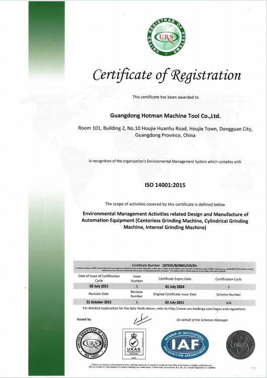 ISO14001:2015 Environmental Management system standard - Guangdong Hotman Machine Tool Co.,Ltd.