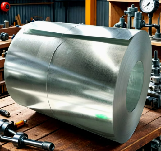 Hot dipped galvanized steel coil product showcase with visible zinc coating and spangle pattern