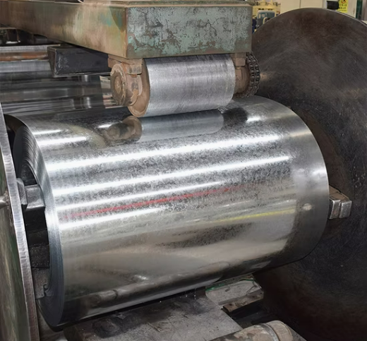 Close-up view of galvanized steel sheet surface showing uniform coating and material texture