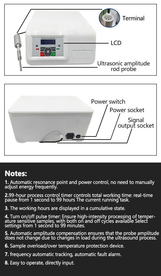 Close-up view of ultrasonic cell disruptor components