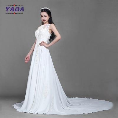 China New fashionable beaded embroidery sleeveless lace princess a line sexy wedding dress with long train for sale
