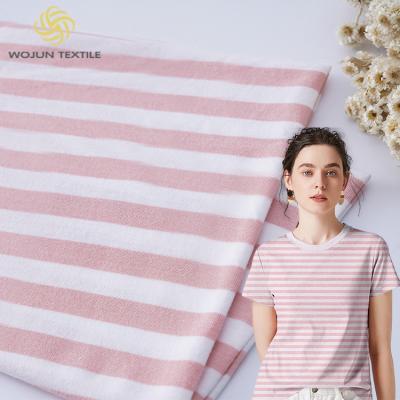 China Wear Resistant Cotton T Shirt Fabric Lightweight Striped Plain Texture 140g for sale