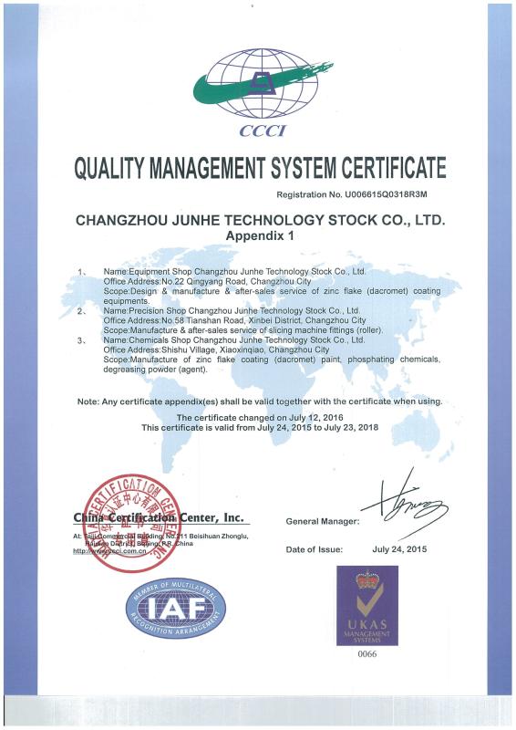 ISO9001 - Changzhou Junhe Technology Stock Co.,Ltd