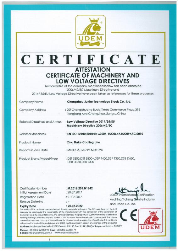 CE CERTIFICATE - Changzhou Junhe Technology Stock Co.,Ltd