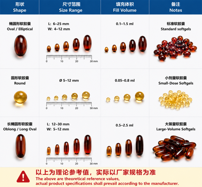 JANGLI Softgel Die Roller shapes and sizes comparison