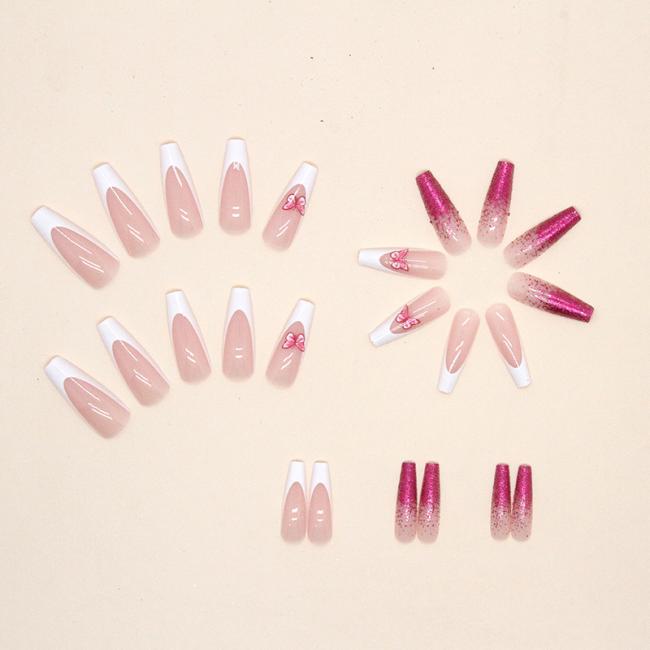 Press on nails Long Ballet Solid Color Simple Gradient Glitter Purplish Red Ins Style Cute Butterfly Artificial Fingernails