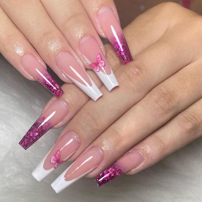Press on nails Long Ballet Solid Color Simple Gradient Glitter Purplish Red Ins Style Cute Butterfly Artificial Fingernails