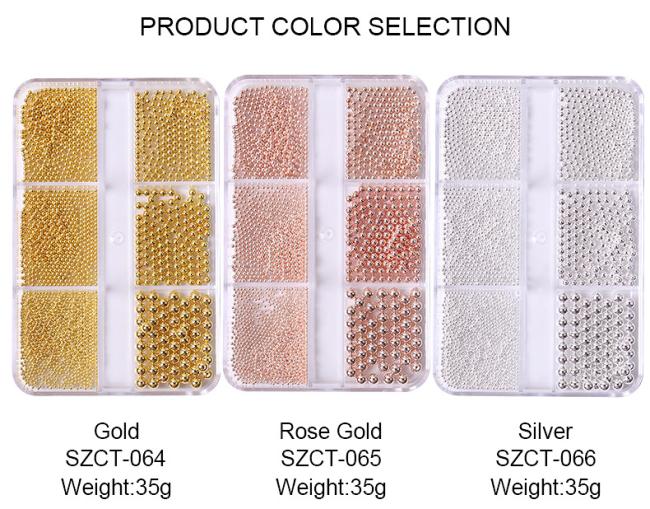 Wholesale 6 Grid Mixed Metal Round Bead nail charms in bulk Small Steel Balls 3d Nail Art Decorations Caviar Bead
