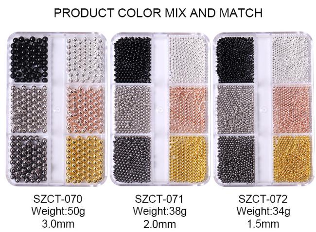 Wholesale 6 Grid Mixed Metal Round Bead nail charms in bulk Small Steel Balls 3d Nail Art Decorations Caviar Bead