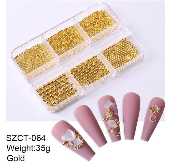 Wholesale 6 Grid Mixed Metal Round Bead nail charms in bulk Small Steel Balls 3d Nail Art Decorations Caviar Bead