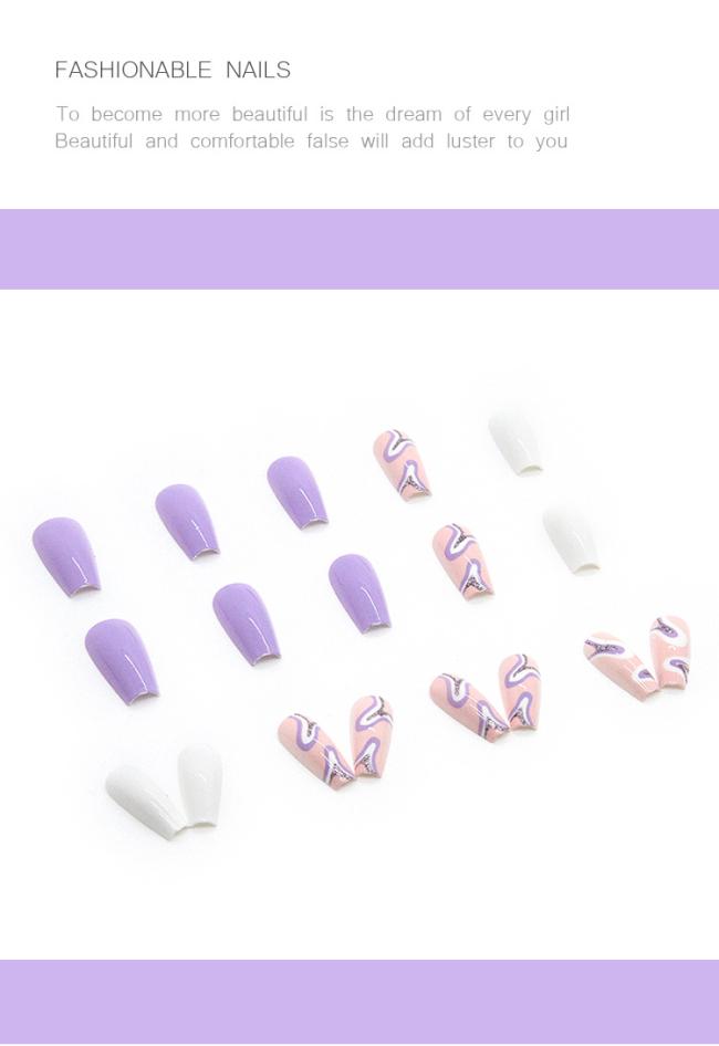 24pcs/Set New style OEM Wholesale Purple ripple shiny ribbon Style Nail Tip Flash Ins Style Artificial Fingernails
