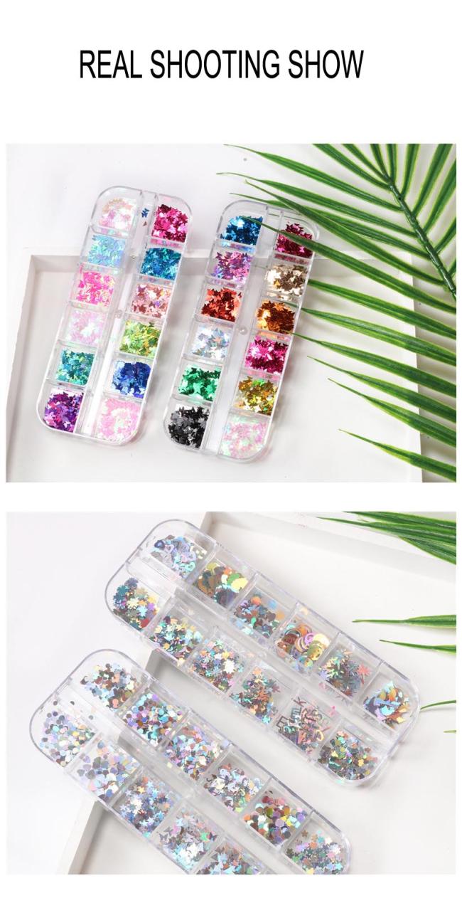 12 Grids Star Geometric Butterfly Nail Art Stickers Glitter Flakes Nail Art Sequins Paillette Confetti Holographic Laser Shining
