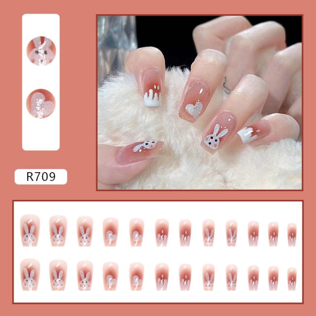 24pcs/Set New style OEM Wholesale rabbit rouge pink halo dyed Style Nail Tip Flash Ins Style Artificial Fingernails