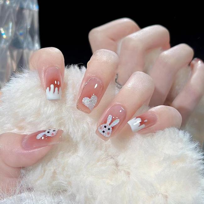 24pcs/Set New style OEM Wholesale rabbit rouge pink halo dyed Style Nail Tip Flash Ins Style Artificial Fingernails