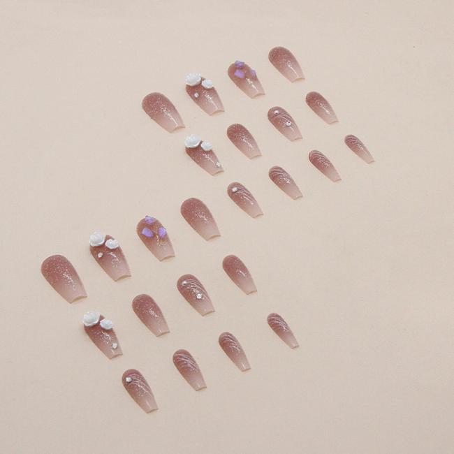 24pcs/Set New style OEM Wholesale 3D Milk White Camellia Aurora Diamond Style Nail Tip Flash Ins Style Artificial Fingernails